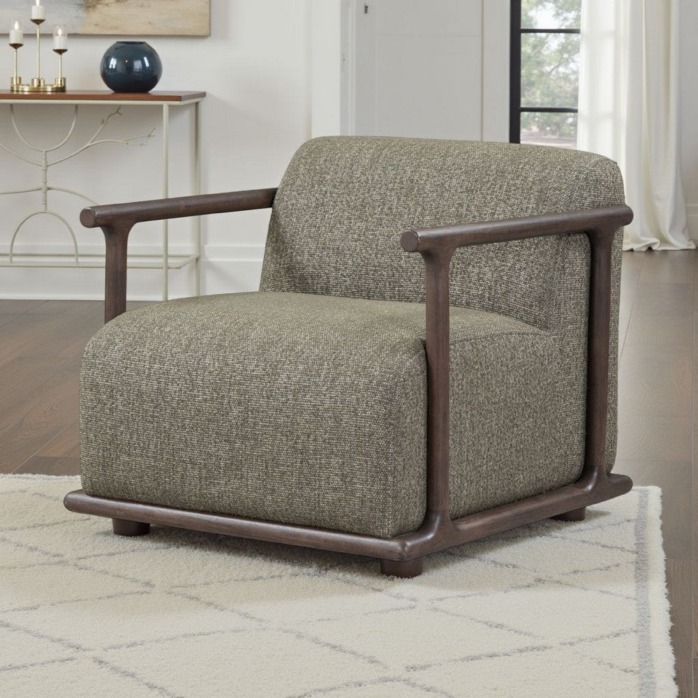 Vren Swivel Accent Chair, Dark Brown Rubberwood, Green Boucle Fabric