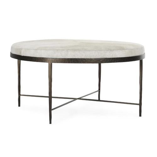 Ocea Round Coffee Cocktail Table, Ivory Leather Hide, Iron 36 Inch