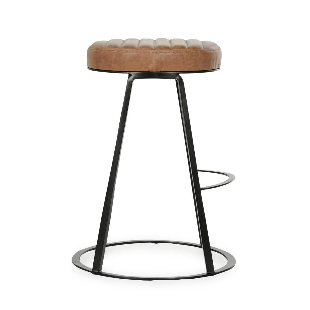 Luma Counter Stool with Footrest Industrial Black Iron Brown Leather BM331645