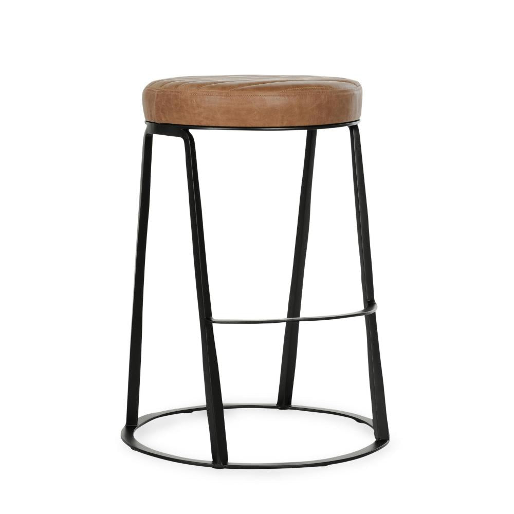 Luma Counter Stool with Footrest, Industrial Black Iron, Brown Leather