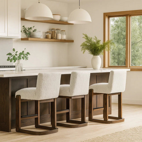 Berri Counter Height Chair, Ivory Boucle, Cantilever Dark Brown Wood