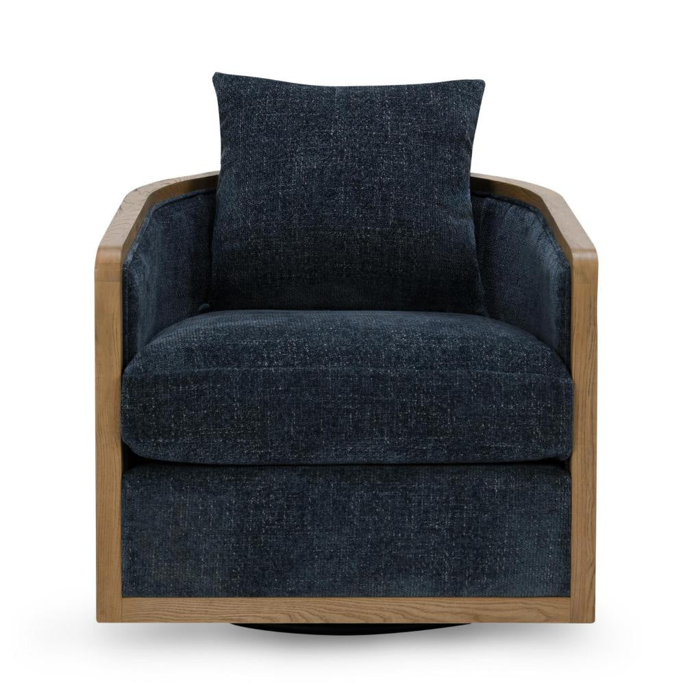 Miana Swivel Chair Blue Polyester Cushion Brown Ash Wood Cane Mesh BM331651