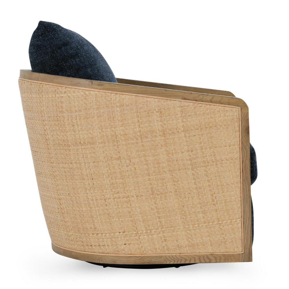 Miana Swivel Chair Blue Polyester Cushion Brown Ash Wood Cane Mesh BM331651