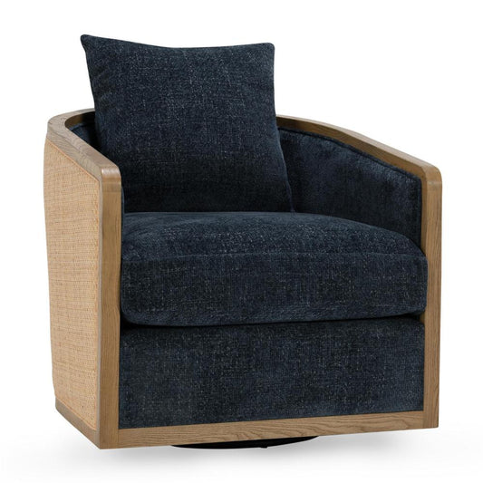 Miana Swivel Chair, Blue Polyester Cushion, Brown Ash Wood, Cane Mesh