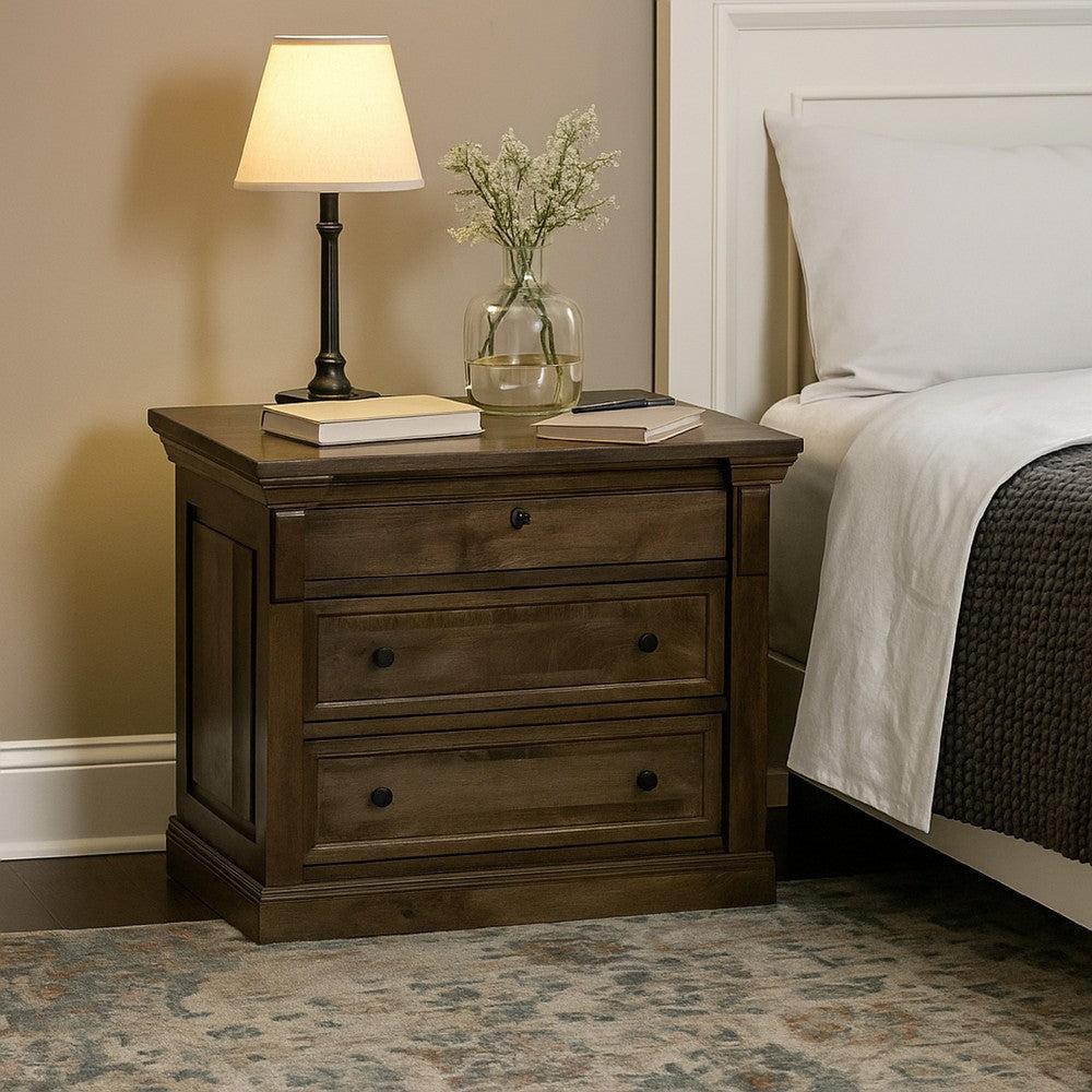 Adele Nightstand, 3 Drawers, Classic Cocoa Brown Mango Wood, 36 Inch