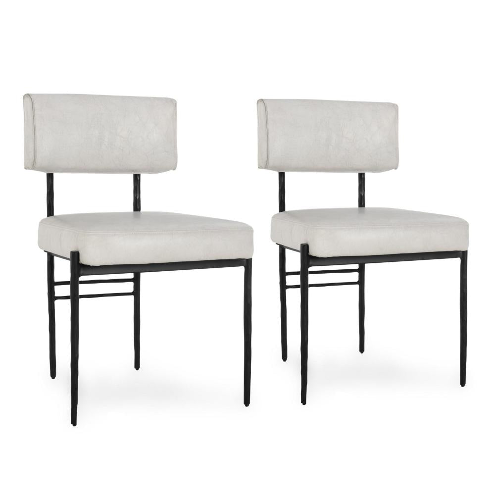 Keto Dining Chair Set of 2, Off White Leather, Black Hammered Iron