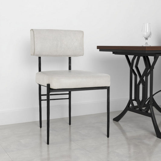 Keto Dining Chair Set of 2, Off White Leather, Black Hammered Iron