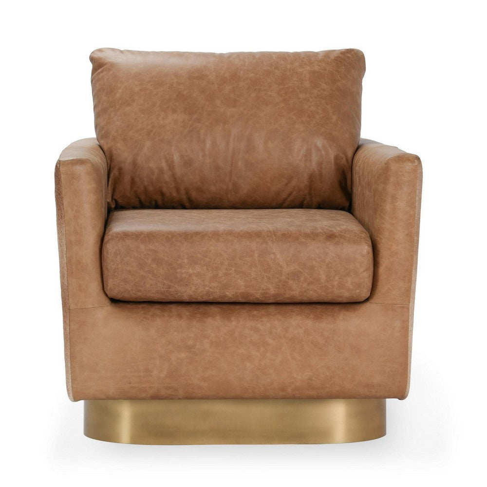 Niasa Swivel Accent Chair Chestnut Brown Hide Leather Gold Iron BM331655