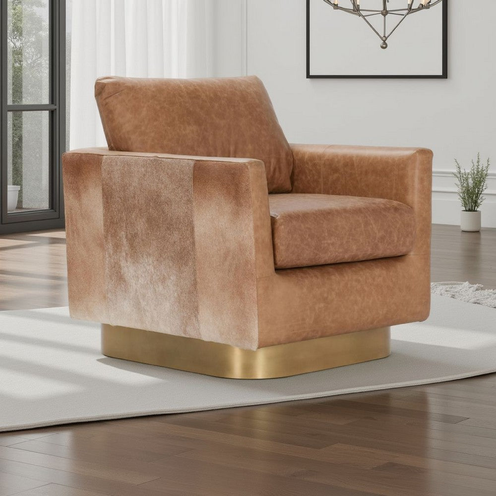 Niasa Swivel Accent Chair, Chestnut Brown Hide Leather, Gold Iron