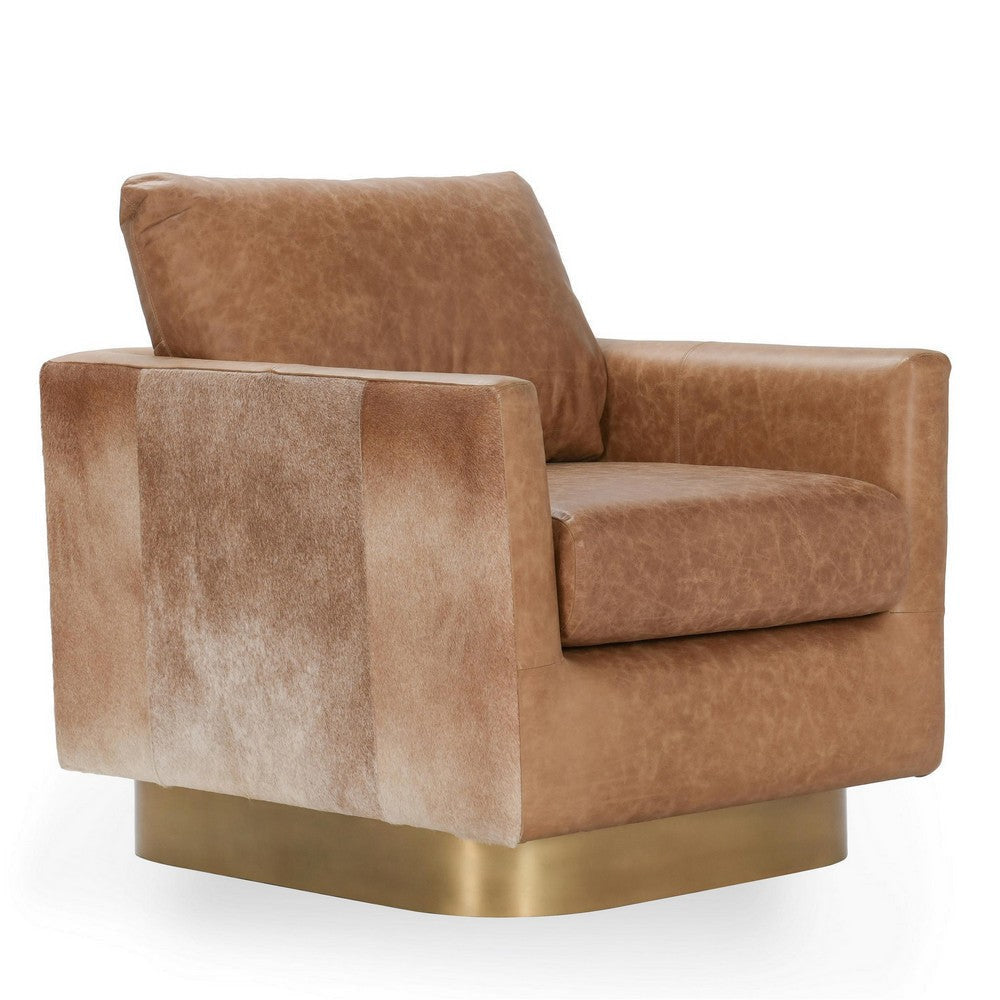 Niasa Swivel Accent Chair Chestnut Brown Hide Leather Gold Iron BM331655