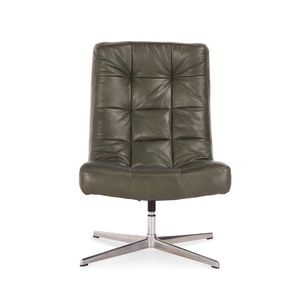 Ivy Swivel Accent Chair Biscuit Tufted Forest Green Leather Chrome BM331658