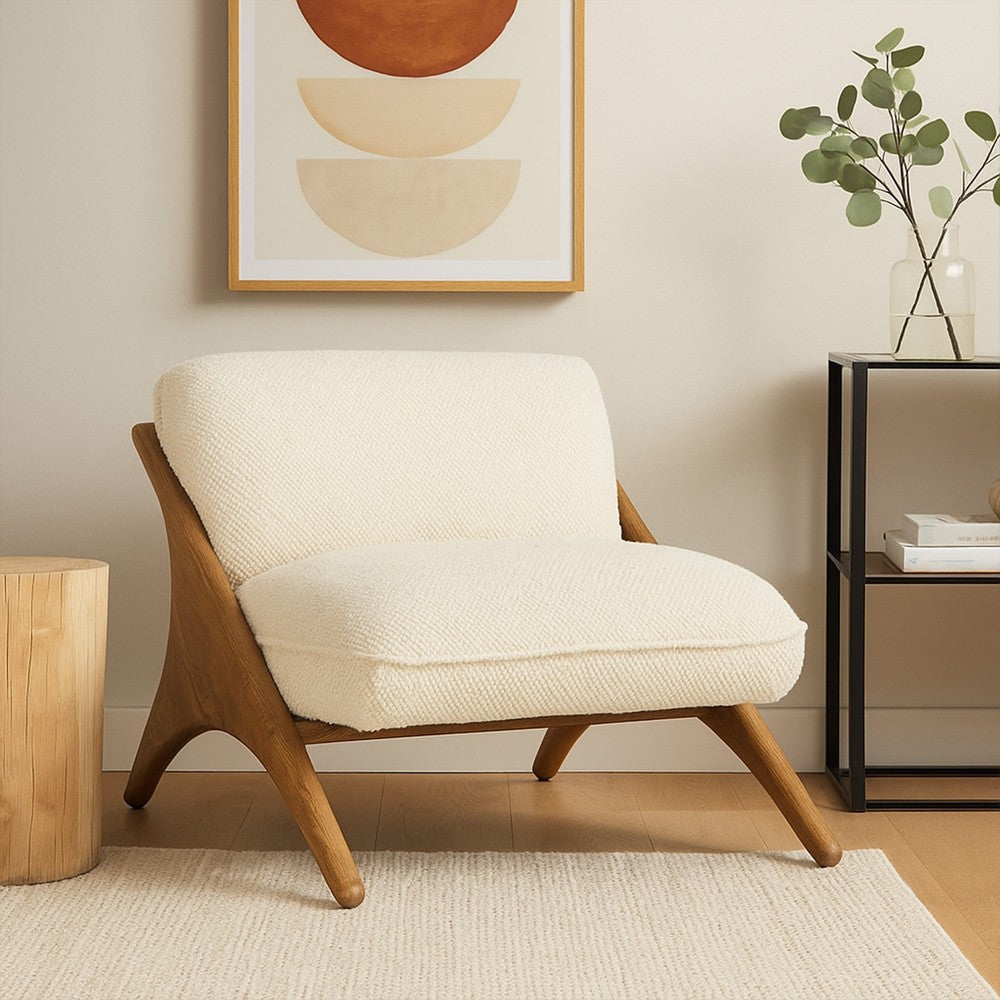 Gioni Accent Chair, Modern Natural Beige Polyester, Brown Ash Wood