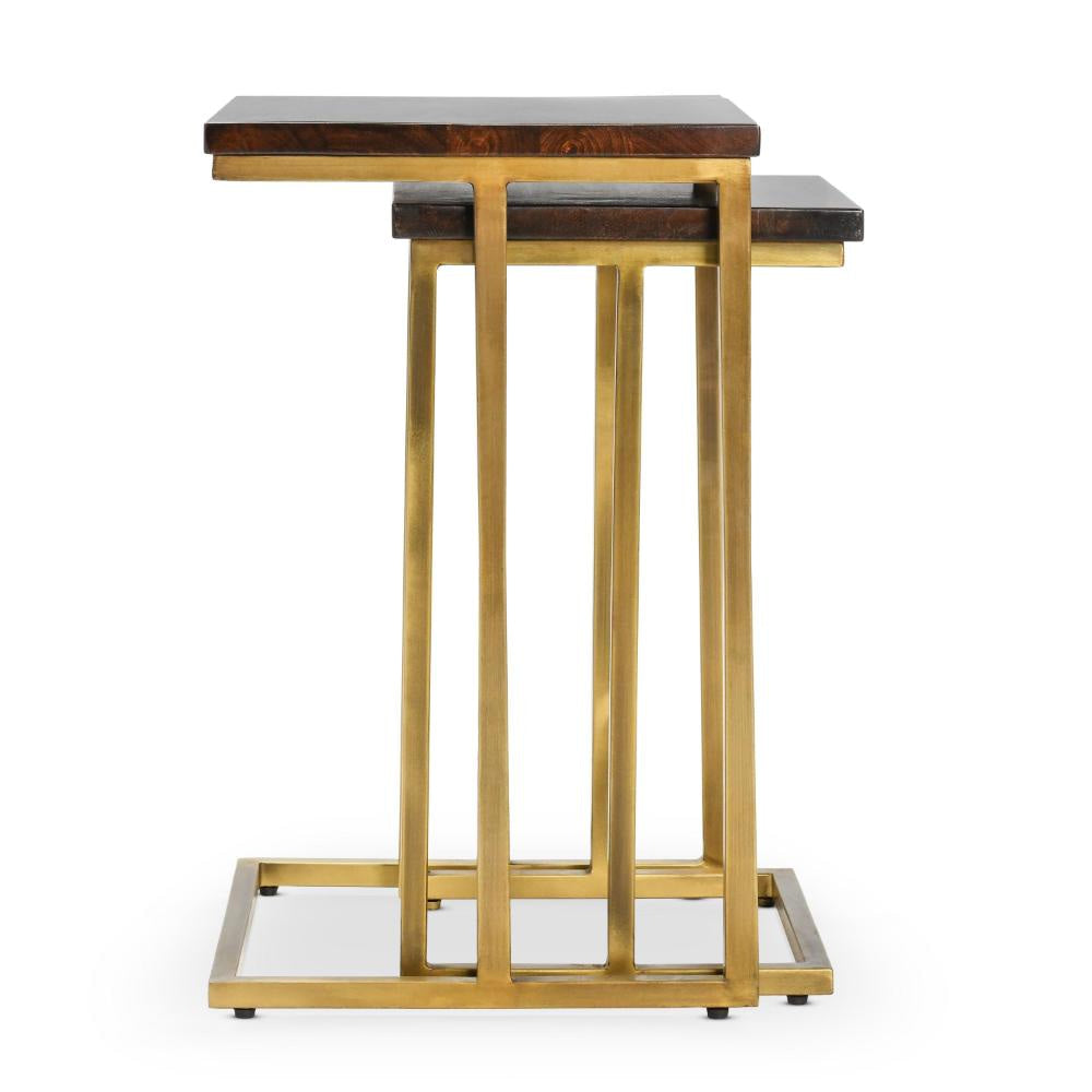 Kinsa Nesting Accent Table Set of 2 Brown Mango Wood Gold Brass Iron BM331662