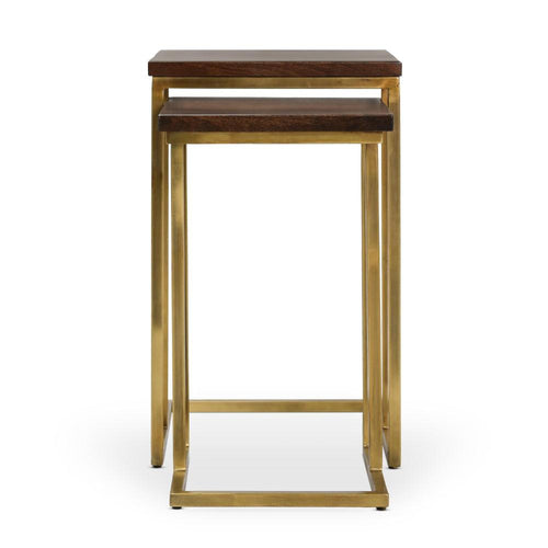 Kinsa Nesting Accent Table Set of 2, Brown Mango Wood, Gold Brass Iron