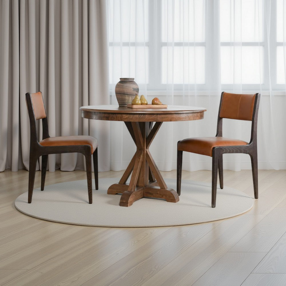 Maxe Dining Table, Dark Brown Pine Wood Cross Legs, Round 42 Inch Top