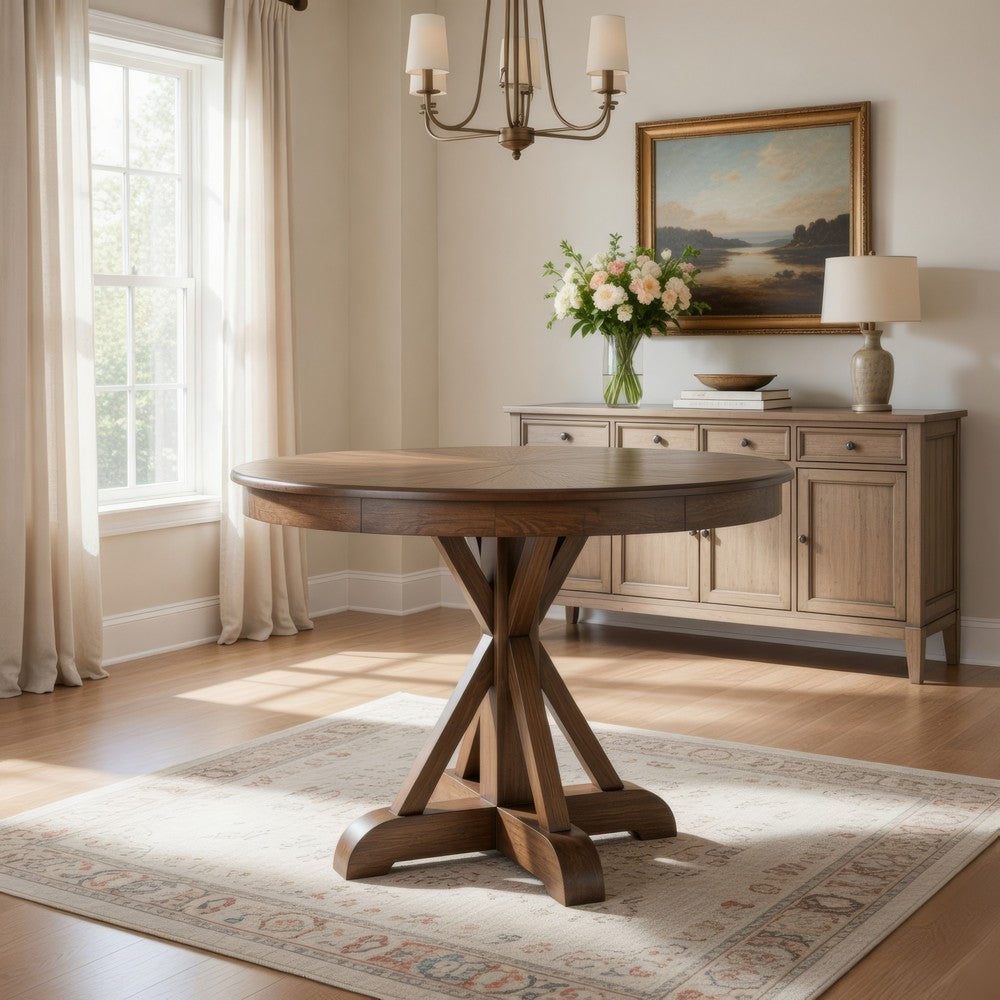 Maxe Dining Table, Dark Brown Pine Wood Cross Legs, Round 42 Inch Top