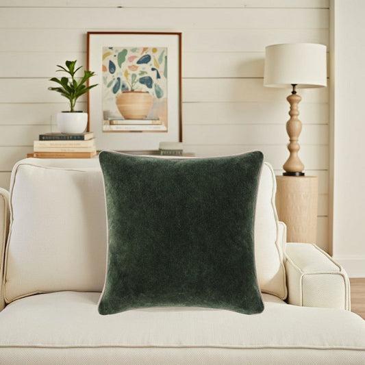 May Accent Throw Pillow, 22in Stonewashed Forest Green Cotton Velvet