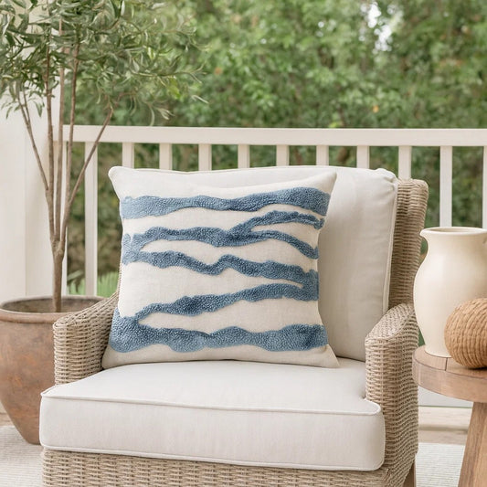 Poll Square Accent Throw Pillow, 22 Inch, Down Fill, Blue, Ivory Linen