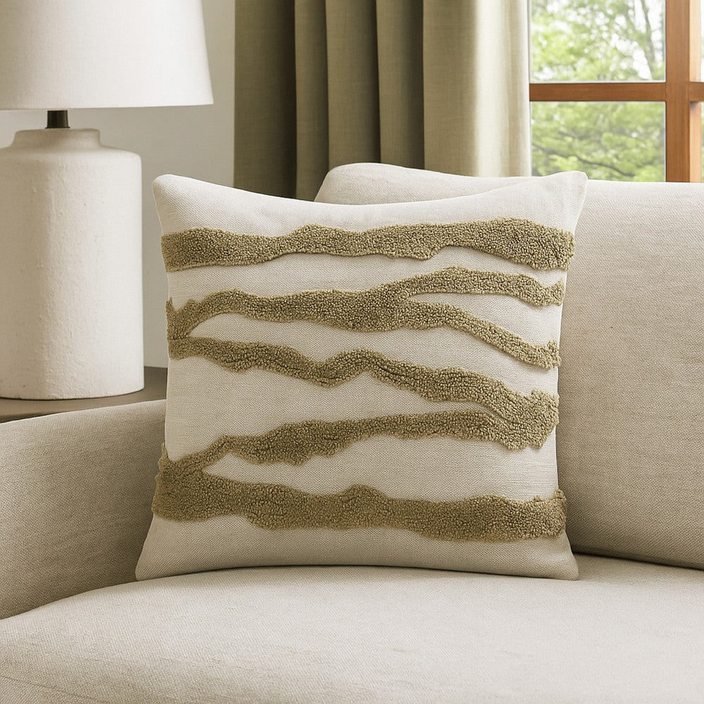 Poll Square Accent Throw Pillow 22 Inch Green and Ivory Belgian Linen