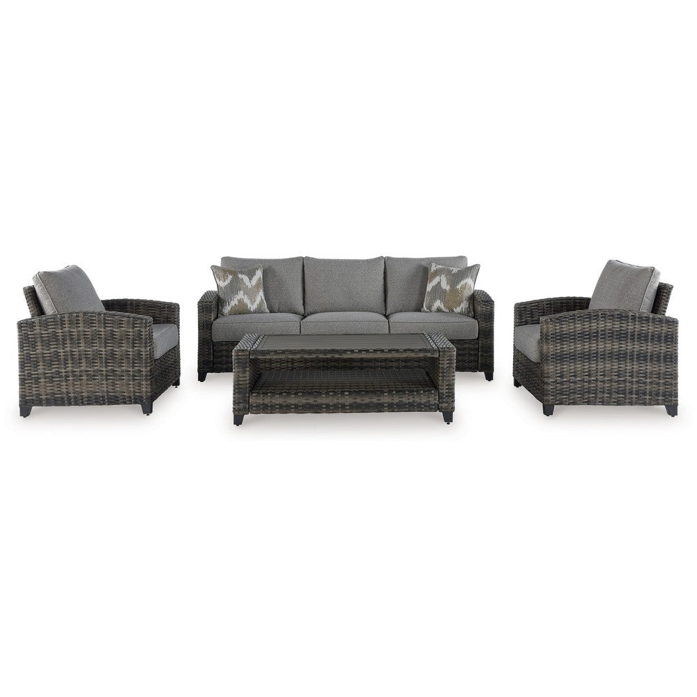 Ashley Oati 4pc Outdoor Sofa Coffee Table Chairs Gray Resin Wicker Nuvella BM331690