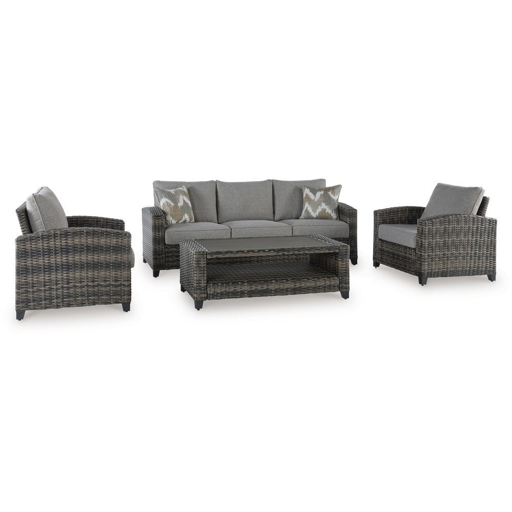 Ashley Oati 4pc Outdoor Sofa, Coffee Table, Chairs, Gray Resin Wicker Nuvella