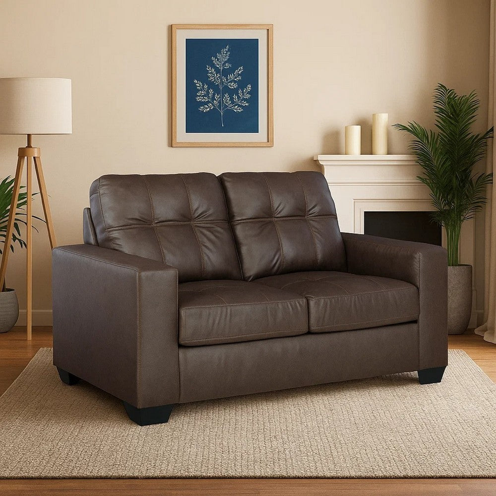 Ashley Barl Loveseat, Modern, 62 Inch Soft Tufted Dark Brown Faux Leather