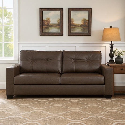 Ashley Barl Sofa, Modern Style 85 Inch Soft Tufted Dark Brown Faux Leather