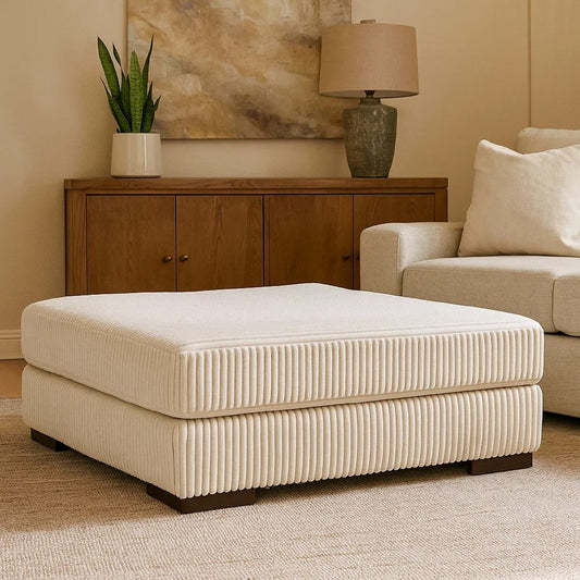 Ashley Lindy Accent Ottoman, Square 51 Inch Modern Style, Ivory Polyester
