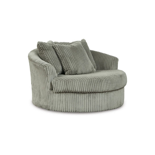Ashley Lindy Oversize Round Swivel Accent Chair 55 Inch Gray, 3 Throw Pillows