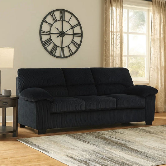Ashley Simy Sofa, 83 Inch Black Polyester Corduroy, Modern Plush Pillow Arms
