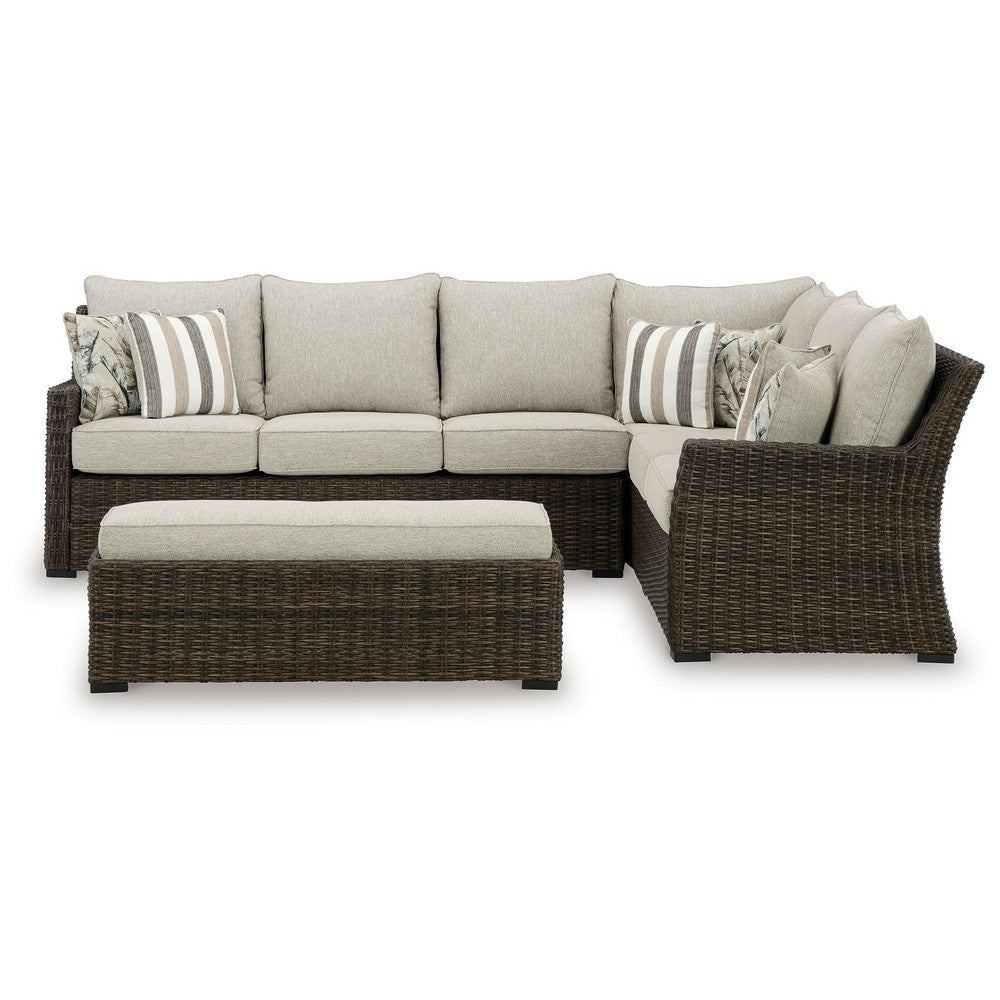 Ashley Soha Outdoor 3pc Sectional Sofa Brown Wicker Beige Nuvella Cushions BM331735