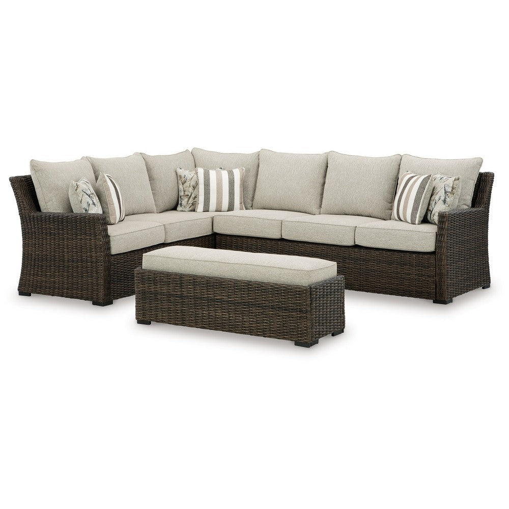 Ashley Soha Outdoor 3pc Sectional Sofa Brown Wicker Beige Nuvella Cushions BM331735