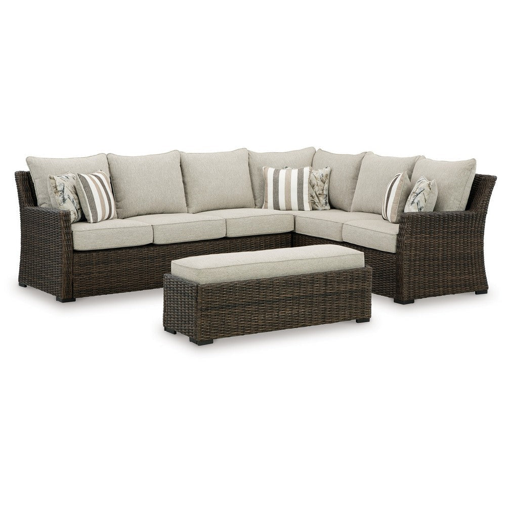 Ashley Soha Outdoor 3pc Sectional Sofa Brown Wicker Beige Nuvella Cushions BM331735
