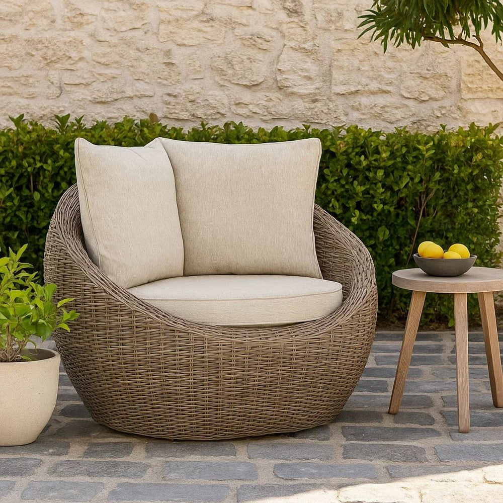 Ashley Swivel Outdoor Lounge Chair Set of 2, Beige Wicker, Nuvella Cushions