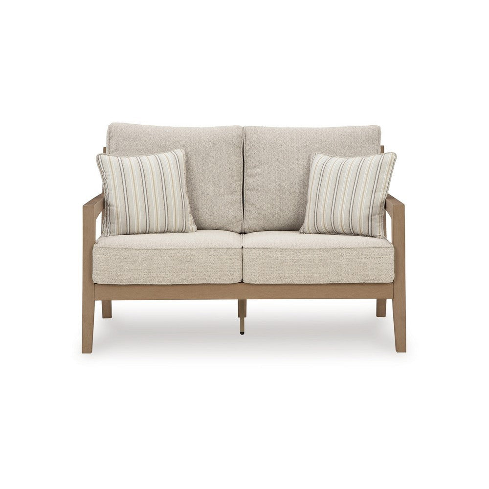 Ashley Karo Outdoor Loveseat 53 Inch 2 Accent Pillows Beige Nuvella Fabric BM331737