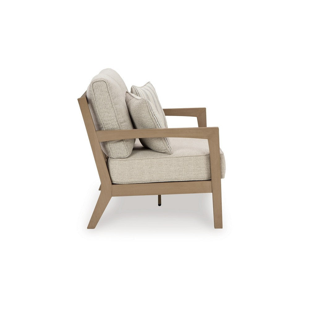 Ashley Karo Outdoor Loveseat 53 Inch 2 Accent Pillows Beige Nuvella Fabric BM331737