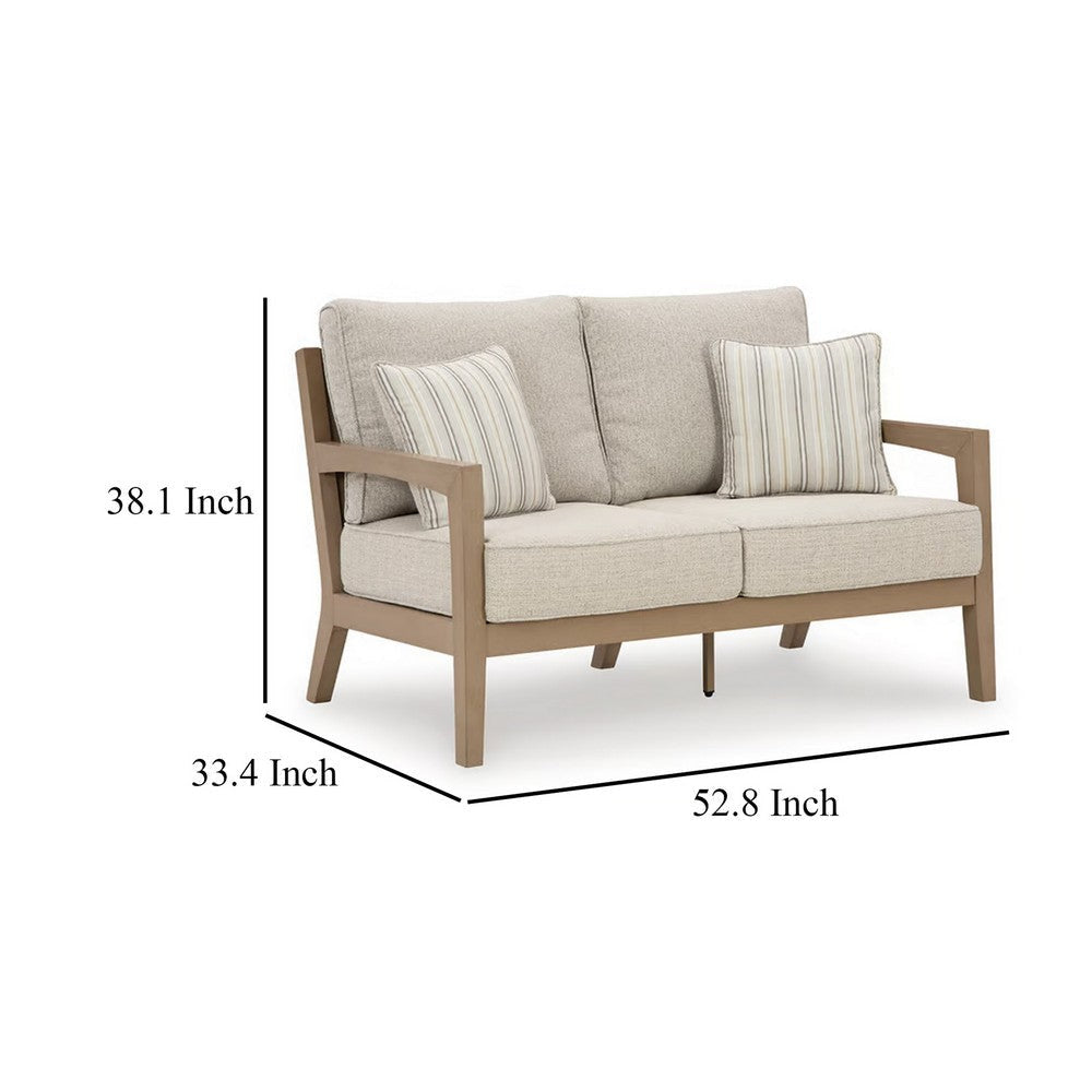 Ashley Karo Outdoor Loveseat 53 Inch 2 Accent Pillows Beige Nuvella Fabric BM331737