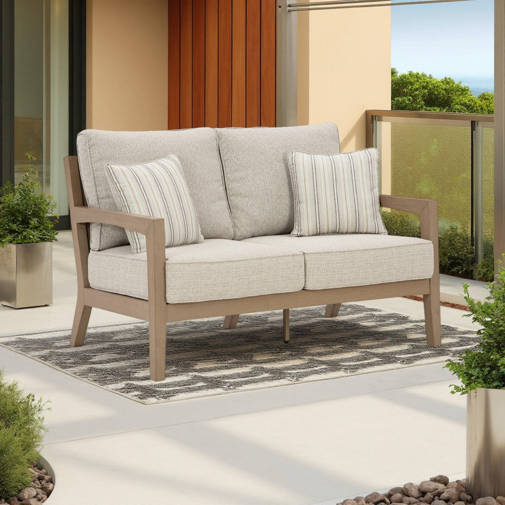 Ashley Karo Outdoor Loveseat 53 Inch 2 Accent Pillows Beige Nuvella Fabric BM331737