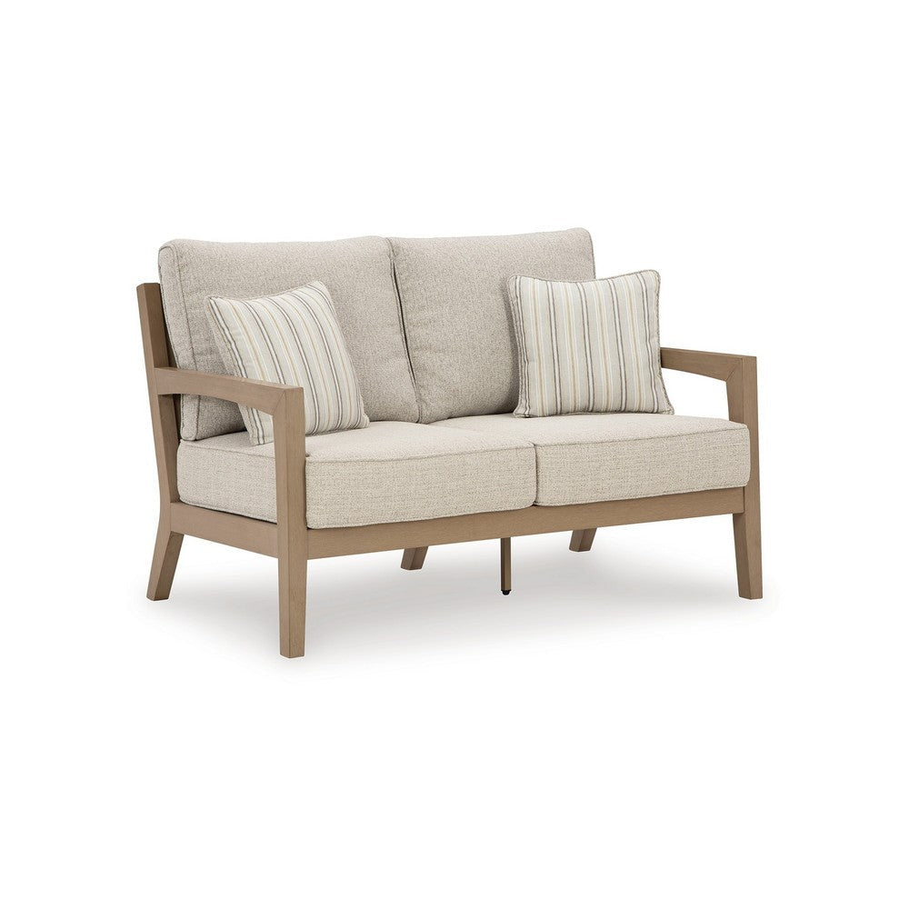 Ashley Karo Outdoor Loveseat, 53 Inch, 2 Accent Pillows, Beige Nuvella Fabric