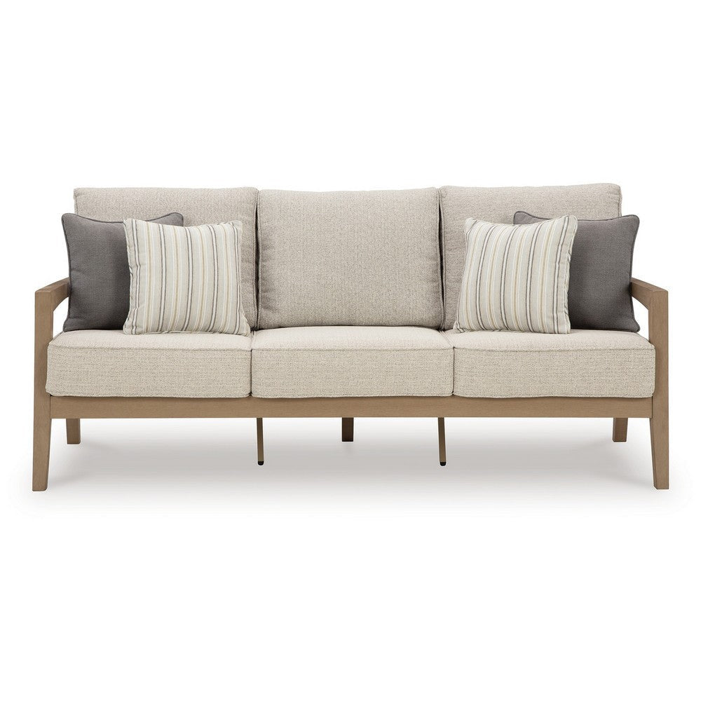 Ashley Karo Outdoor Sofa 77 Inch 4 Accent Pillows Beige Nuvella Fabric BM331738