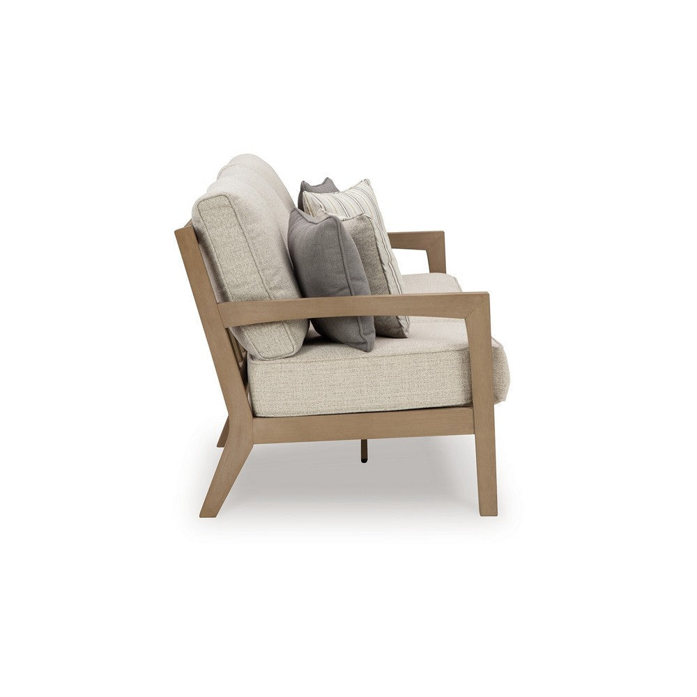 Ashley Karo Outdoor Sofa 77 Inch 4 Accent Pillows Beige Nuvella Fabric BM331738