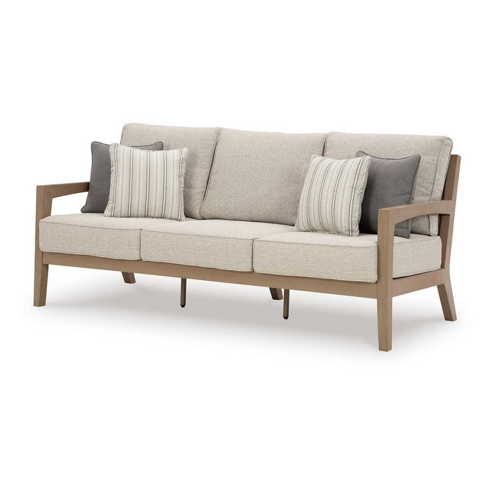 Ashley Karo Outdoor Sofa 77 Inch 4 Accent Pillows Beige Nuvella Fabric BM331738