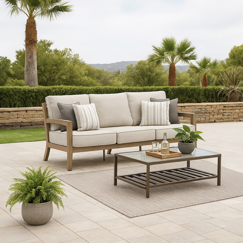 Ashley Karo Outdoor Sofa, 77 Inch, 4 Accent Pillows, Beige Nuvella Fabric