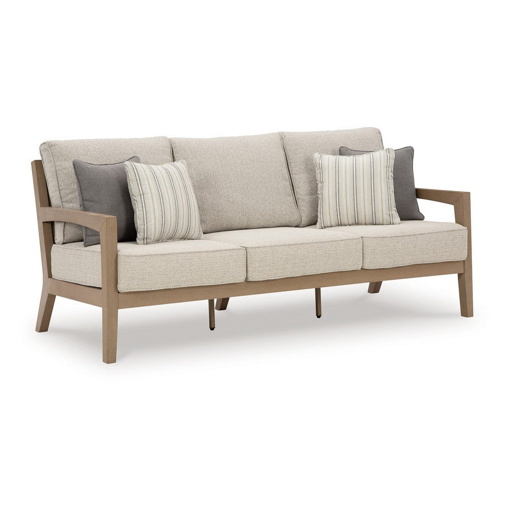 Ashley Karo Outdoor Sofa, 77 Inch, 4 Accent Pillows, Beige Nuvella Fabric