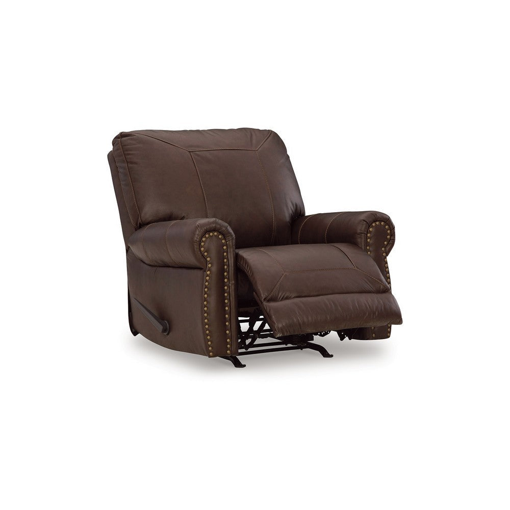 Ashley Reeve Manual Recliner Chair, Nailhead Trim, Dark Brown Leather Blend