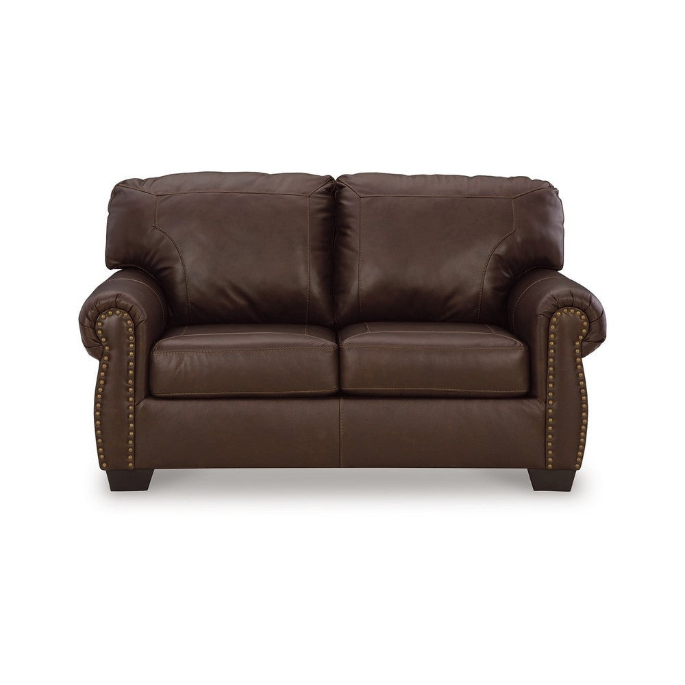 Ashley Reeve Loveseat Rolled Arms Nailhead Trim Dark Brown Leather 67 Inch BM331745