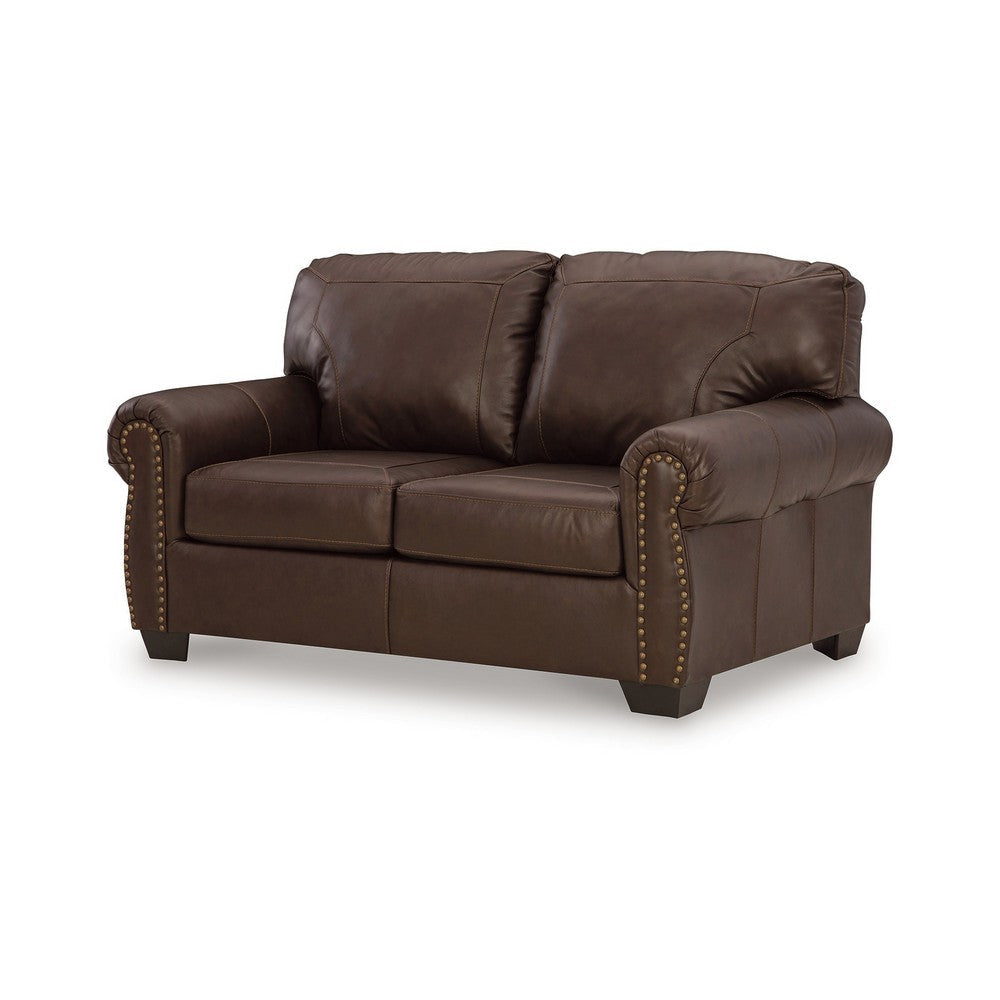 Ashley Reeve Loveseat Rolled Arms Nailhead Trim Dark Brown Leather 67 Inch BM331745