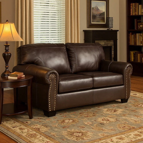 Ashley Reeve Loveseat, Rolled Arms, Nailhead Trim, Dark Brown Leather 67 Inch