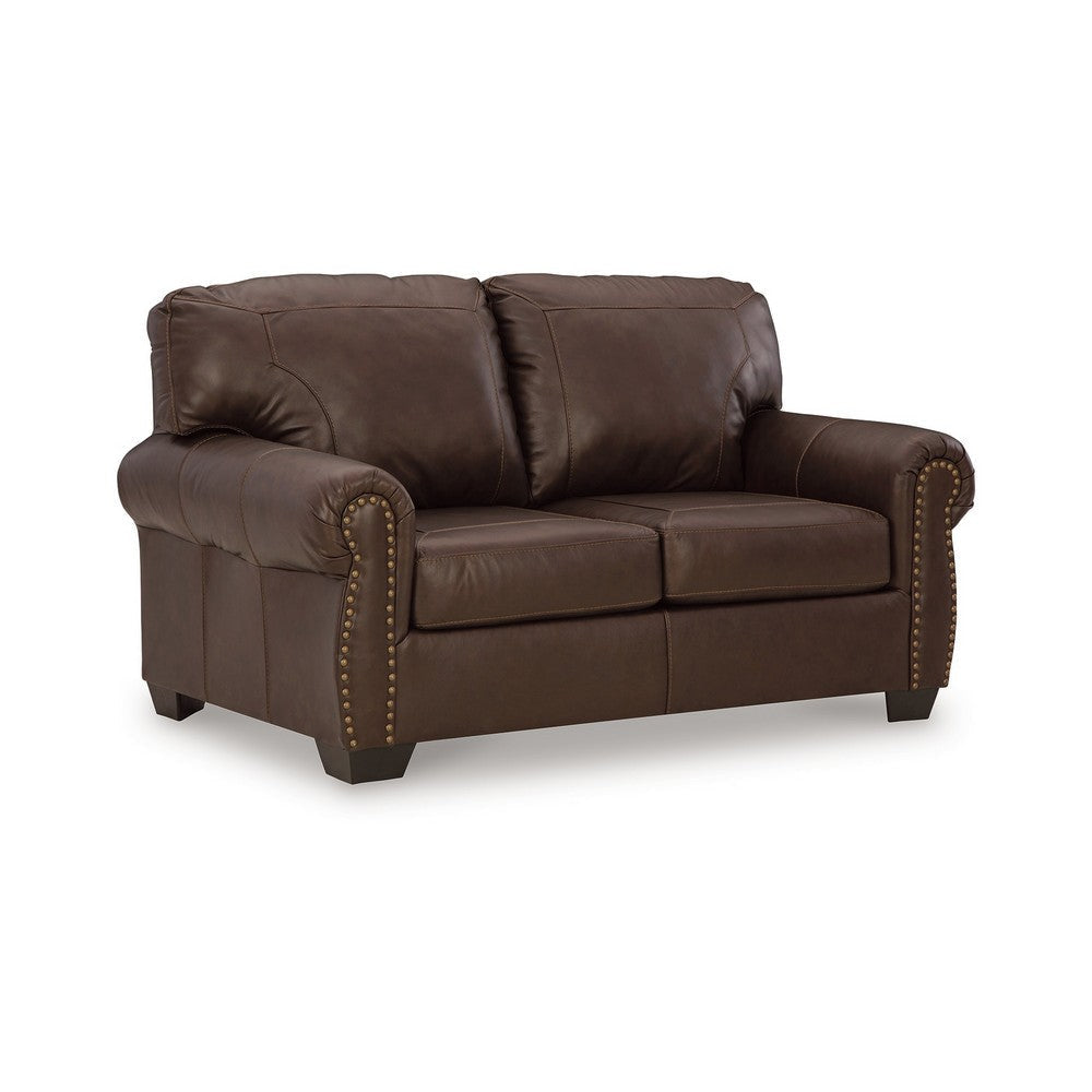 Ashley Reeve Loveseat, Rolled Arms, Nailhead Trim, Dark Brown Leather 67 Inch