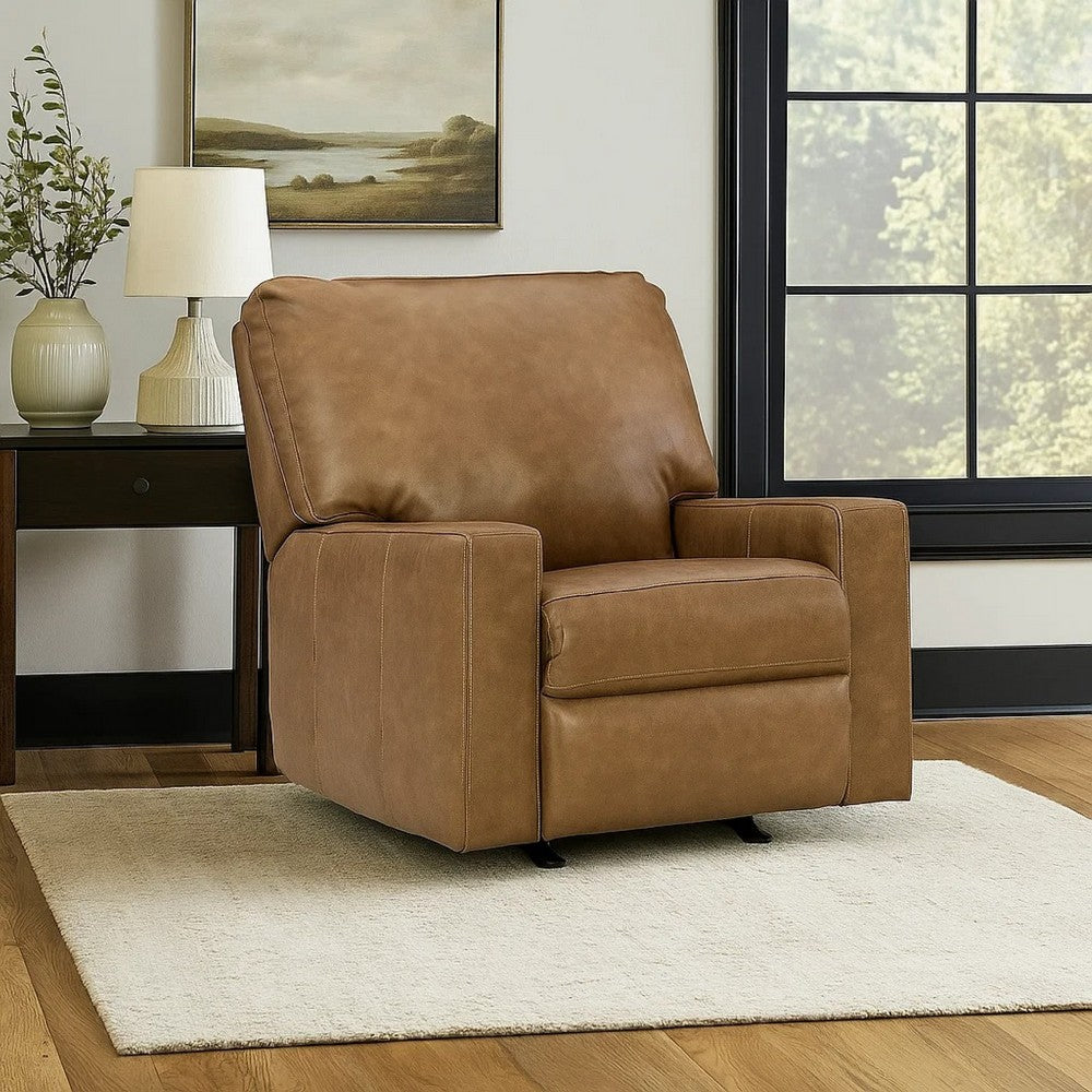 Ashley Miller Manual Recliner Chair, Pull Tab, Caramel Brown Real Leather